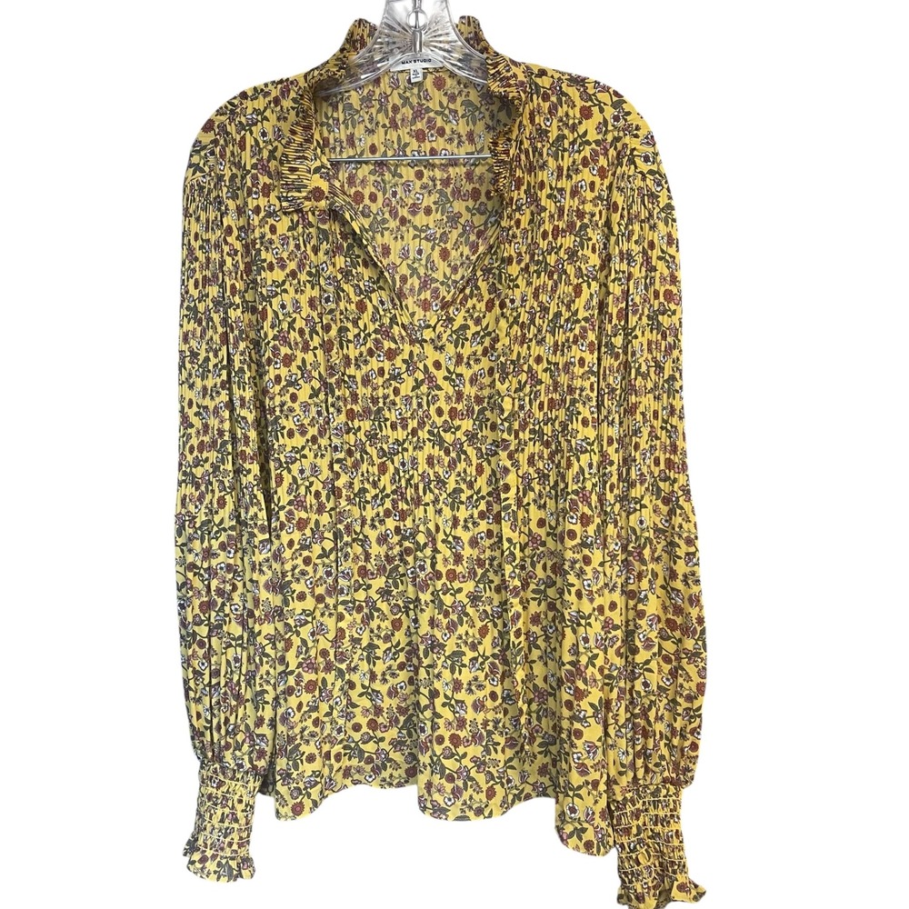 Max Studio Womens Yellow Floral Pleated Smocked Cuff Blouse XL